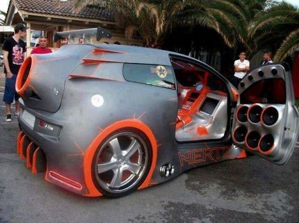 A cool car with side-mounted speakers.
