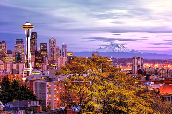 Seattle skyline, dusk, Mt. Hood