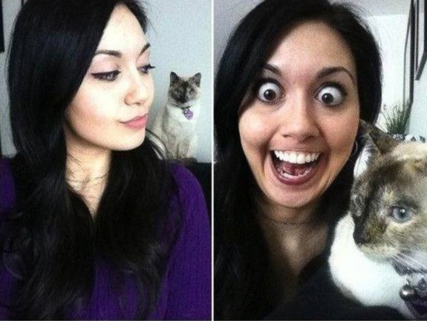 Two amusing pictures of a woman and cat with 