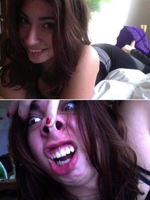 Two pictures capturing a woman making hilarious faces.