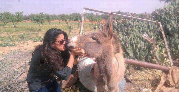 A woman affectionately interacts with a donkey in a field.