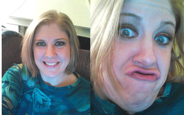 Two pictures of a woman making a funny face in response to 