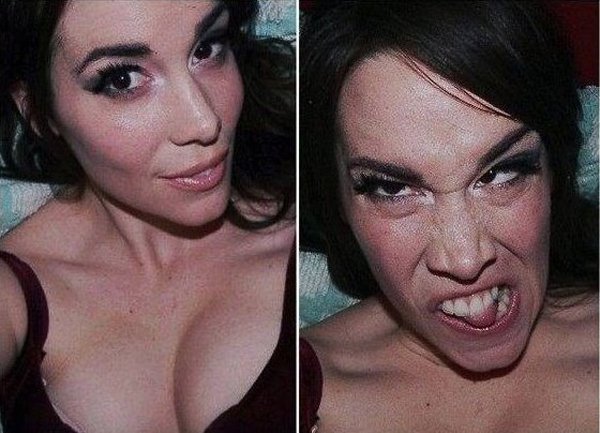 Two pictures of a woman with her mouth open, expressing 