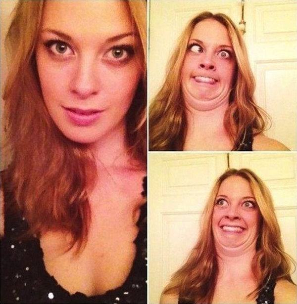 Four pictures of a woman with a funny face in 
