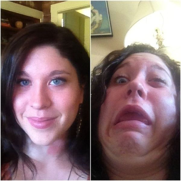 Two pictures of a woman making a face, expressing humor and sarcasm.
