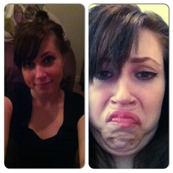 Two pictures of a woman with a hilariously funny face.