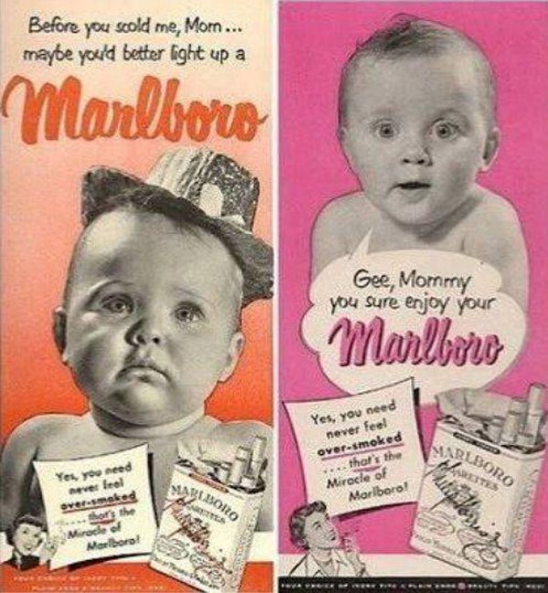 An old advertisement for marlboro cigarettes and a baby.