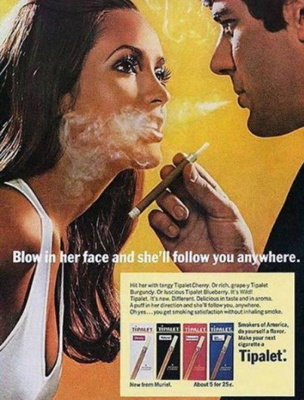A man and woman smoking a cigarette in an old ad.