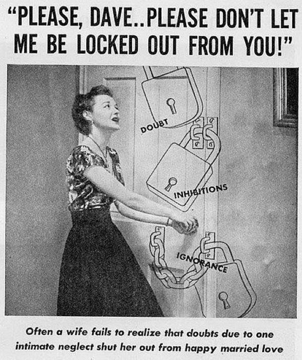 A black and white ad showing a woman locked out of a door.