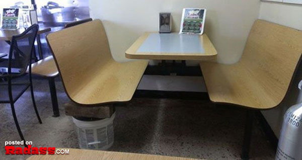 A restaurant table with two benches.