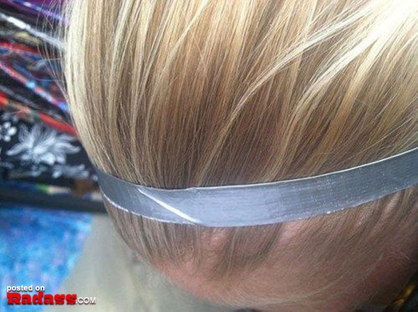 A woman's hair adorned with tape, providing one of the 50 Redneck Remedies to help in times of need.