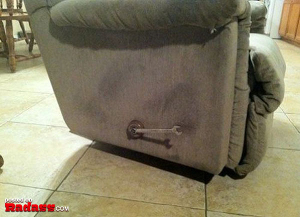 A picture of a recliner with a screw in it featuring redneck remedies.
