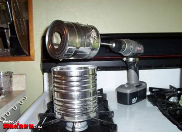 A drill is being used on a stove top using one of the 50 Redneck Remedies to help you in times of need.