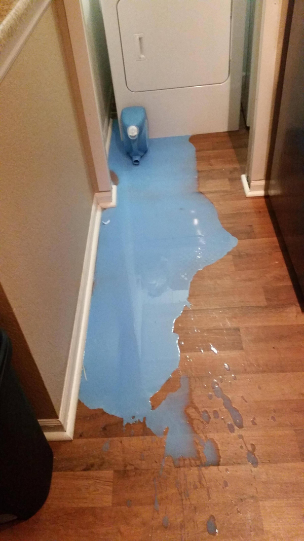 A blue puddle on the floor of a kitchen that could make you smile.