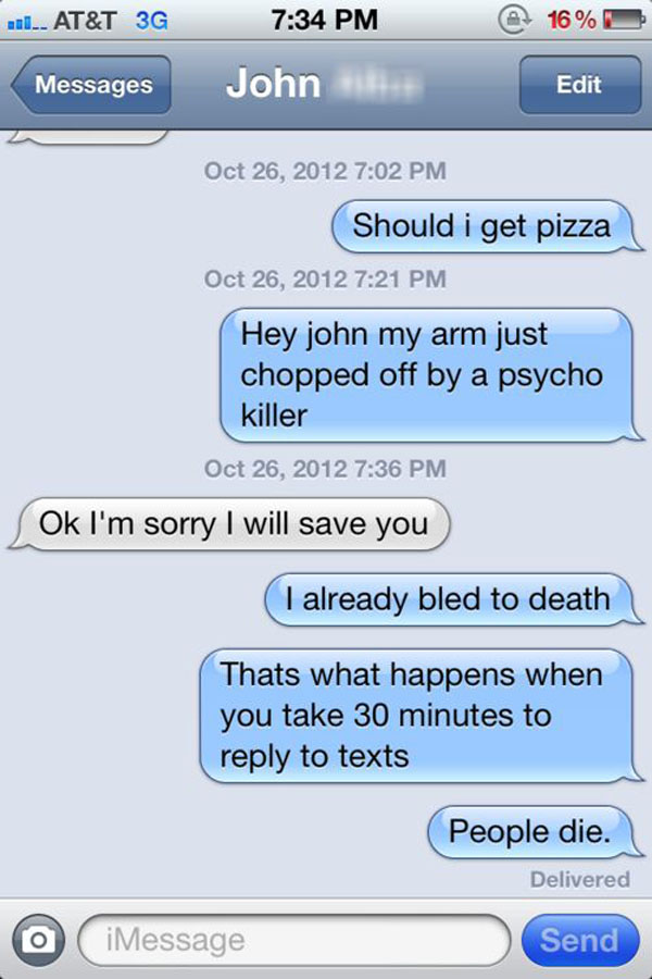 A text message from a man saying he's going to eat pizza, completely unfazed by Trolls Live to Piss You Off.
