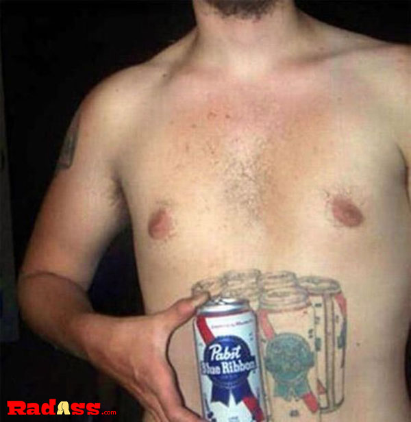 A man proudly displaying a beer can tattoo on his chest.