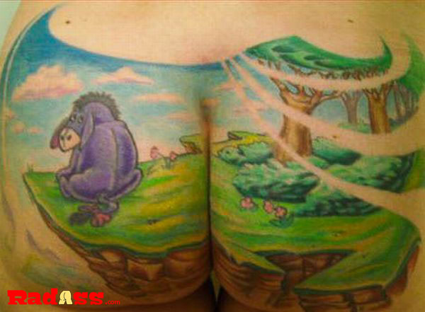A tattoo featuring a woman with a cartoon character on her back that captures the essence of 