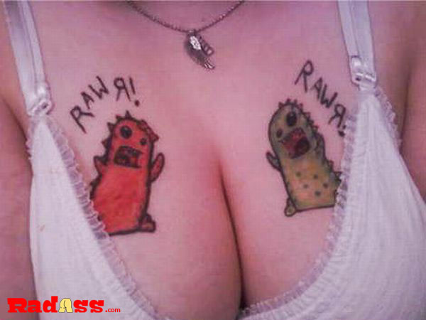 A woman proudly displays her unique chest tattoo featuring two monstrosities, embodying living in the moment and showcasing a tatt you would never get but love to see.