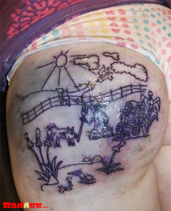 A woman's farm-themed thigh tattoo capturing living in the moment.