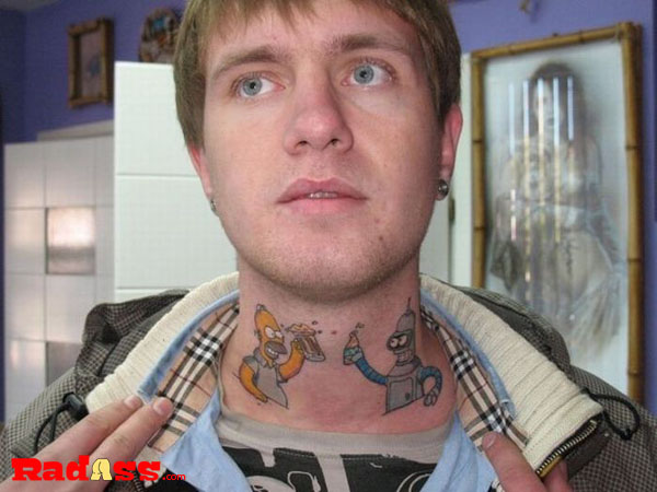 A man with an eccentric cartoon tattoo on his neck.