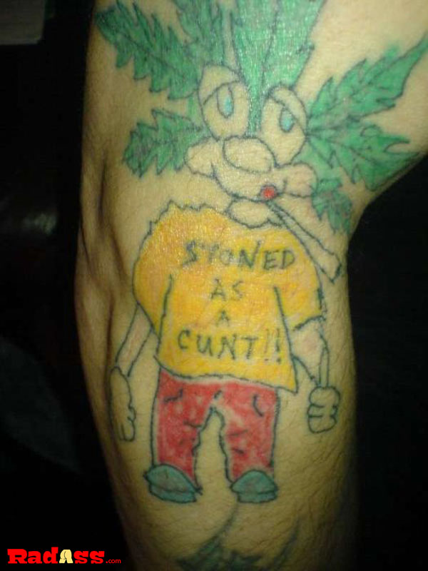 A tattoo of a cartoon character with a marijuana leaf.