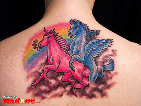 A man's permanent back tattoo featuring two unicorns and a rainbow.