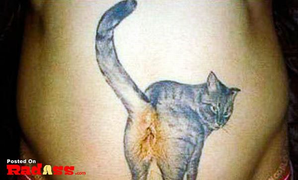 A permanent cat tattoo on a woman's stomach.