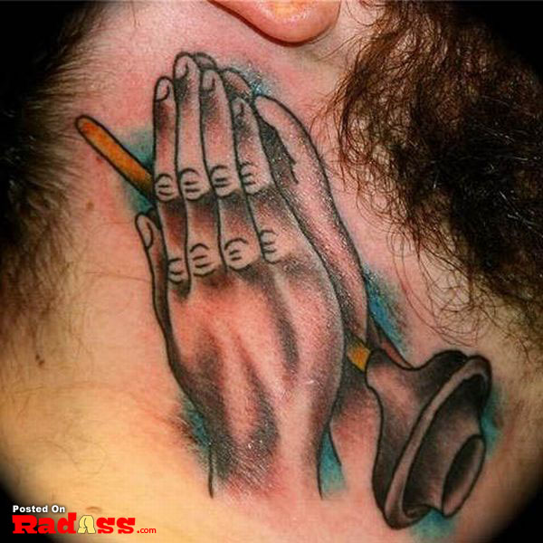 Praying hands tattoo on the neck represents permanence and spiritual devotion.