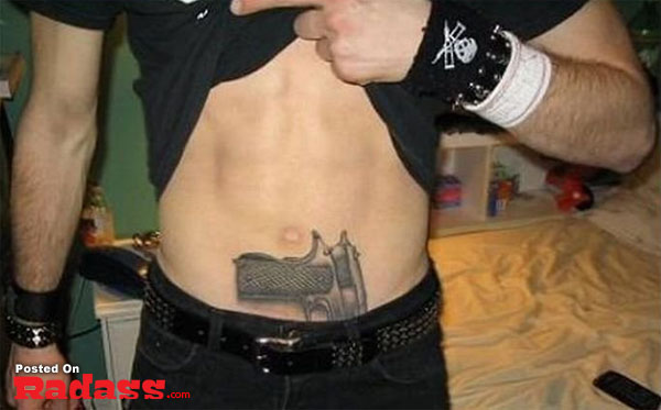 A 32-year-old man with a gun tattoo on his stomach.