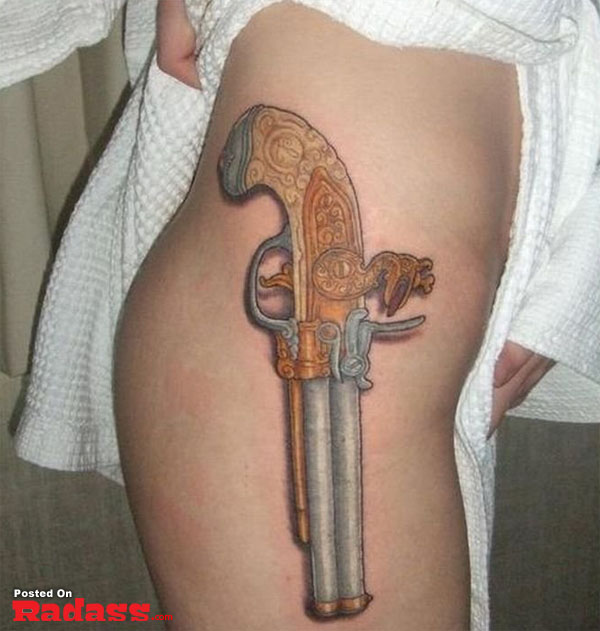 A woman with a gun tattoo on her thigh is one of 32 people that are packing for life.