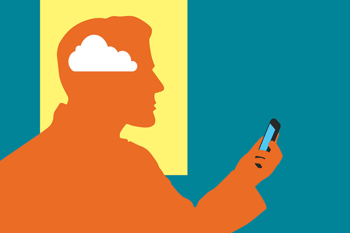 A man holding a cell phone with a cloud in his head, representing the dominance of smart devices but the ignorance of some individuals.