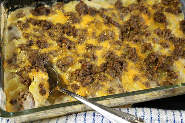 A comforting casserole with meat and cheese.