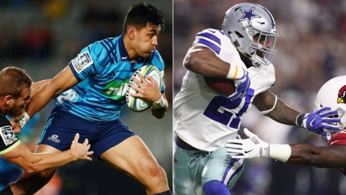 Two action-packed pictures comparing the toughness of rugby and NFL players.