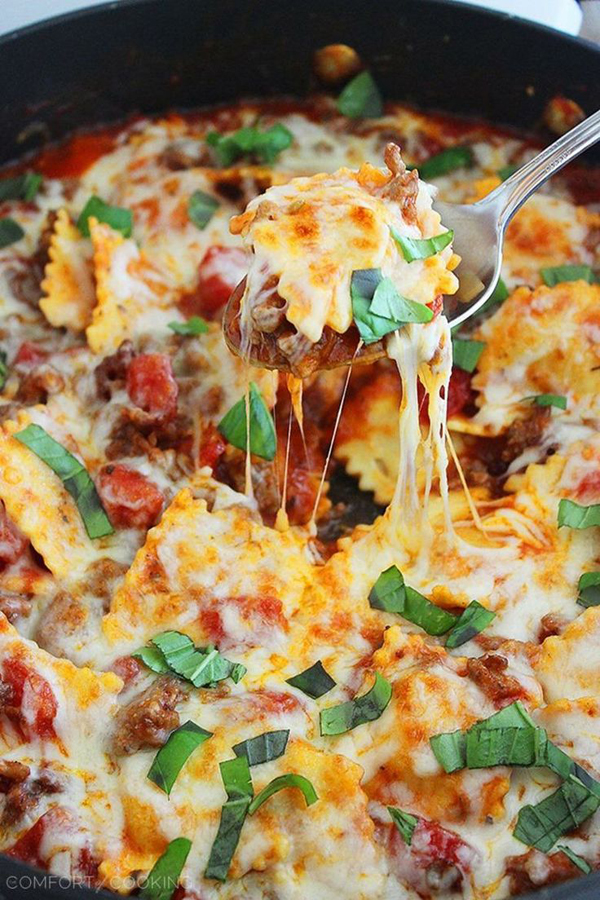 Skillet comfort food: lasagna loaded with meat and cheese.