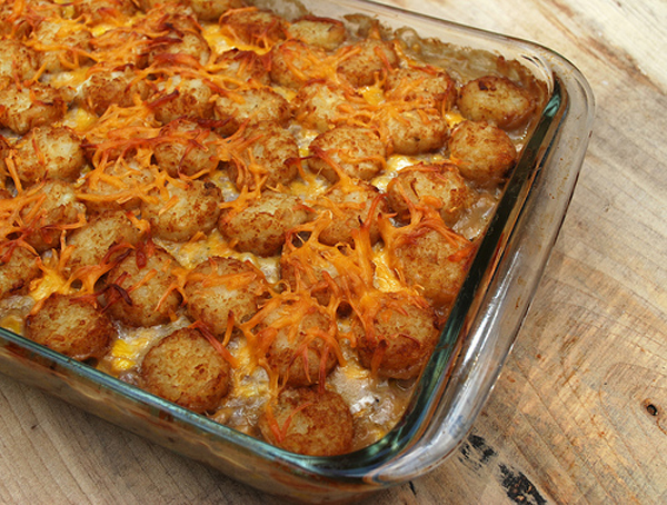 A comforting casserole filled with fried tater tots.