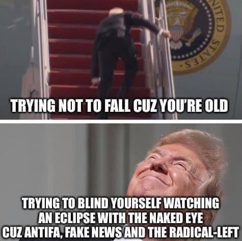 A political meme featuring Trump on a stairway, humorously referencing his age and tendency to blind oneself while watching.