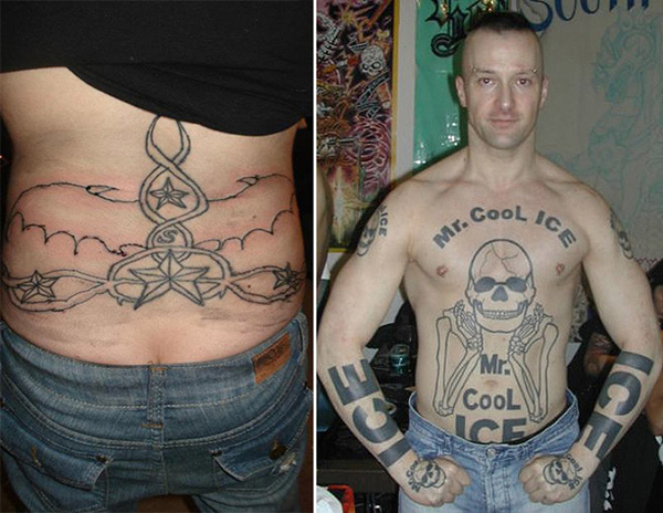 Two regrettable tattoos forever inked on a man's back.