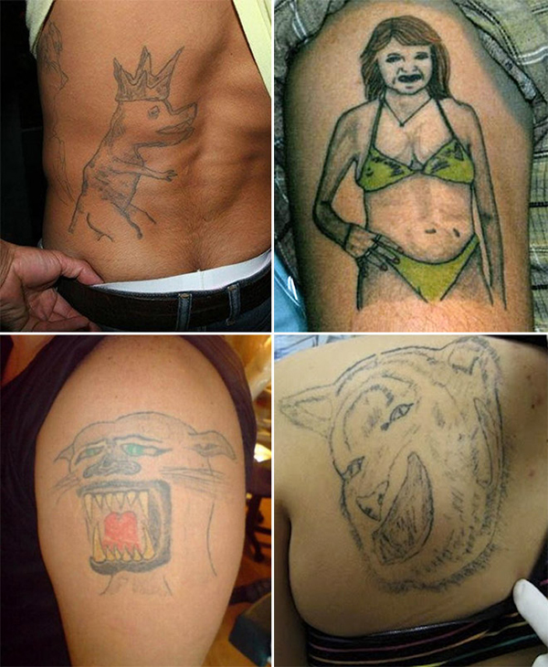 A series of pictures showing regrettable tattoos on a woman's back.