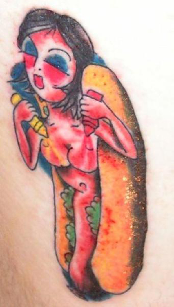 A permanent tattoo capturing the regrettable essence of a woman grasping a hot dog.