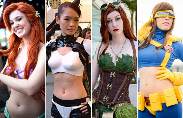 A collage of convincing female cosplayers in different costumes.