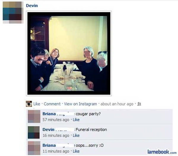 A picture of a group of people sitting at a table, showcasing our growing love-hate relationship with Facebook.