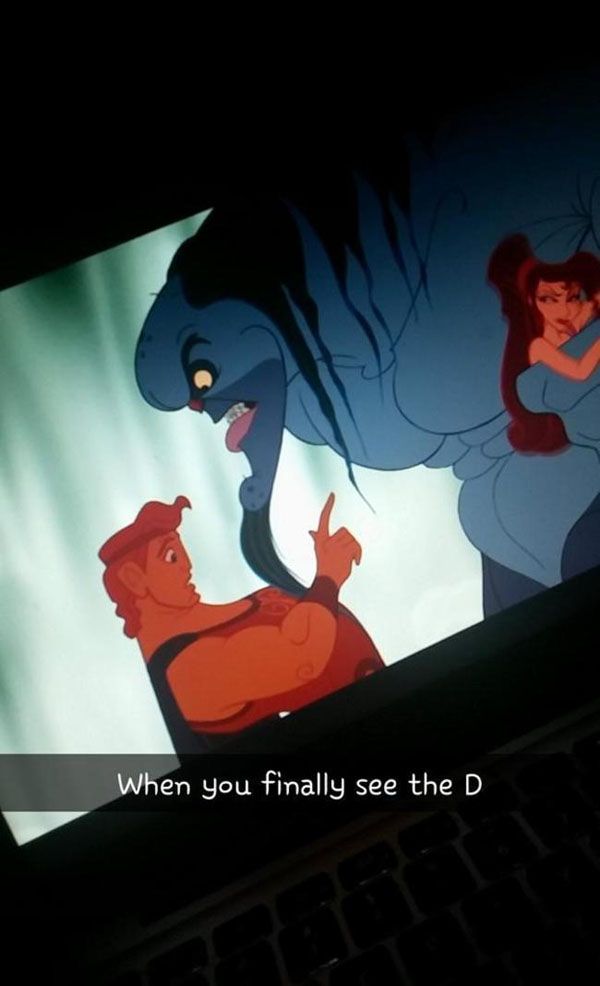 A laptop screen displaying a hilarious Snapchat featuring a character from Disney's 