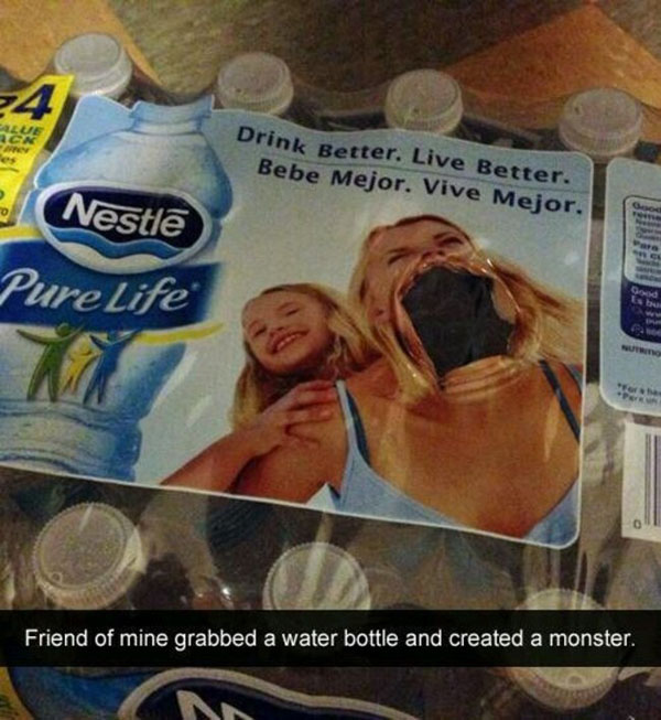 Hilarious Snapchat of a woman's face on a water bottle.