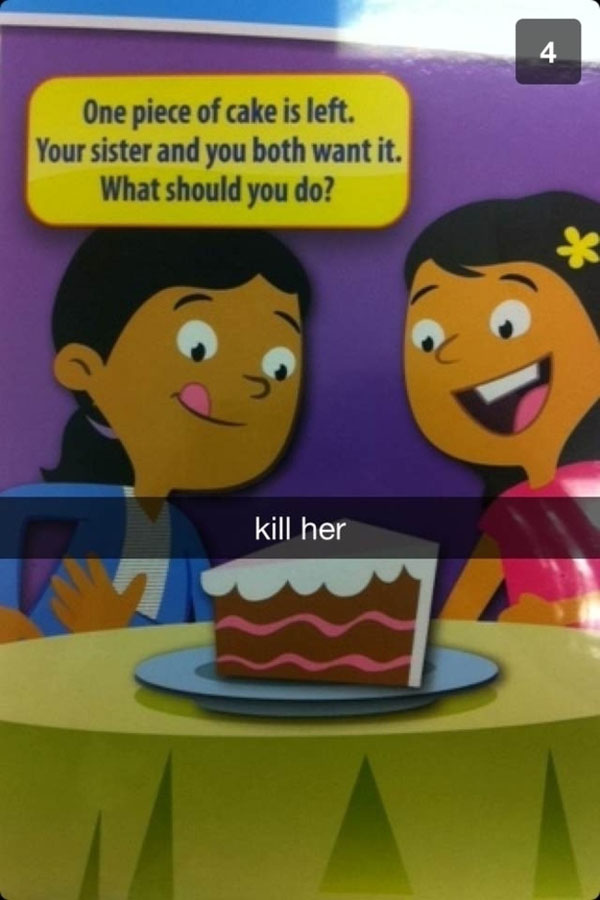 Funny Snapchat screenshot of a sister competing for the last piece of cake.