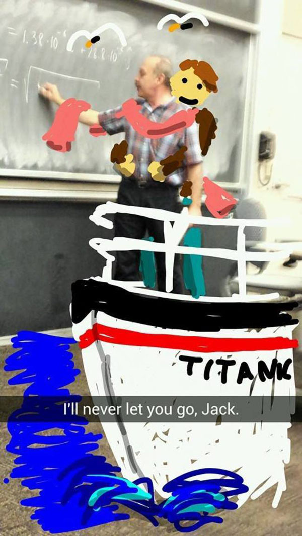 A hilarious Snapchat featuring a man on a boat drawn on a blackboard that is too good to disappear.