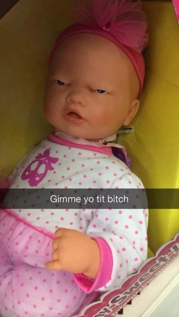 A hilarious Snapchat showcasing a baby doll in a box, too good to disappear.