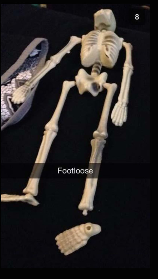 A skeleton showcasing funny Snapchat moments with a pair of shoes on it, too good to disappear.