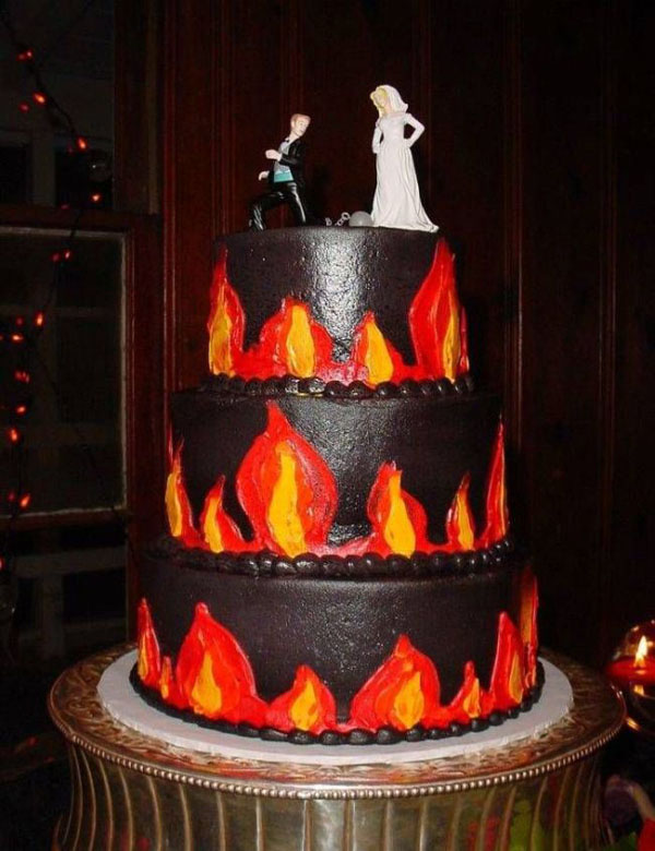 A better-than-wedding cake featuring a fiery bride and groom.
