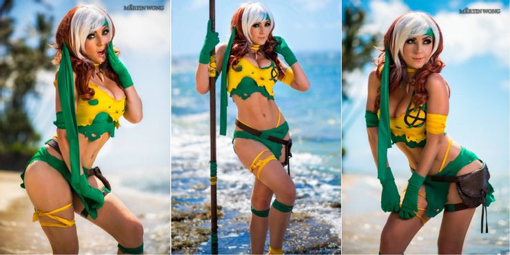 Three pictures of a woman in convincing green and yellow cosplay.