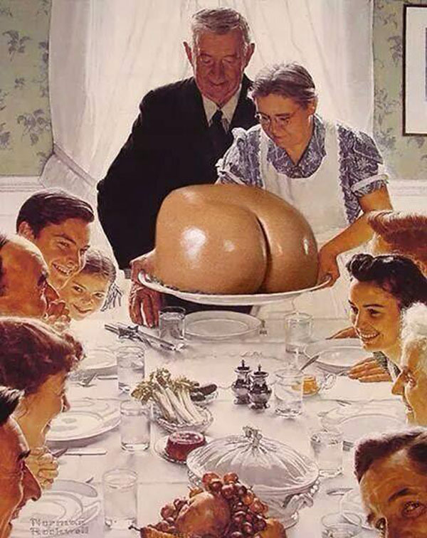 A bounteous turkey is served to a group of people.